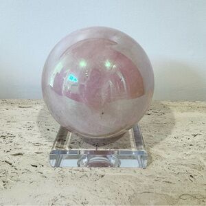 Pink Rose Quartz Crystal Sphere on Clear Stand